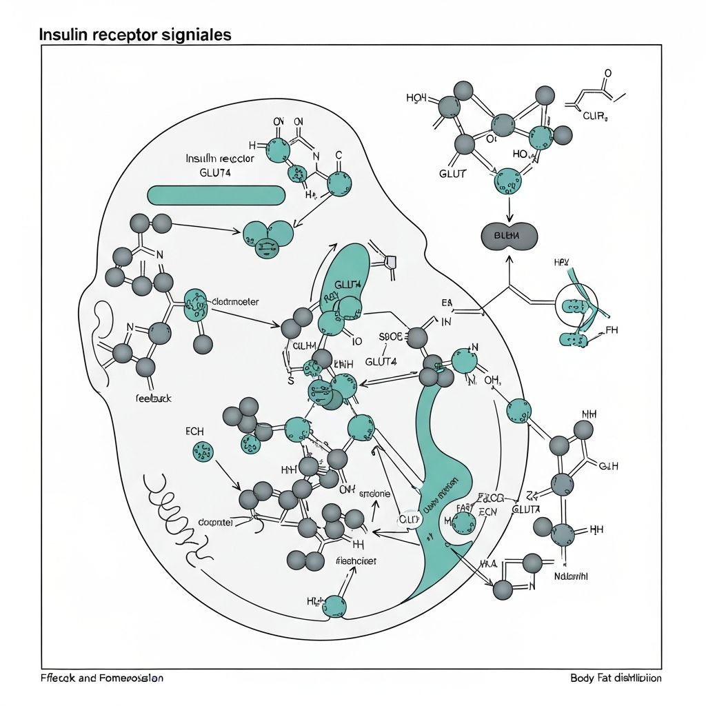 Molecular biology illustration of insulin signaling and body fat distribution