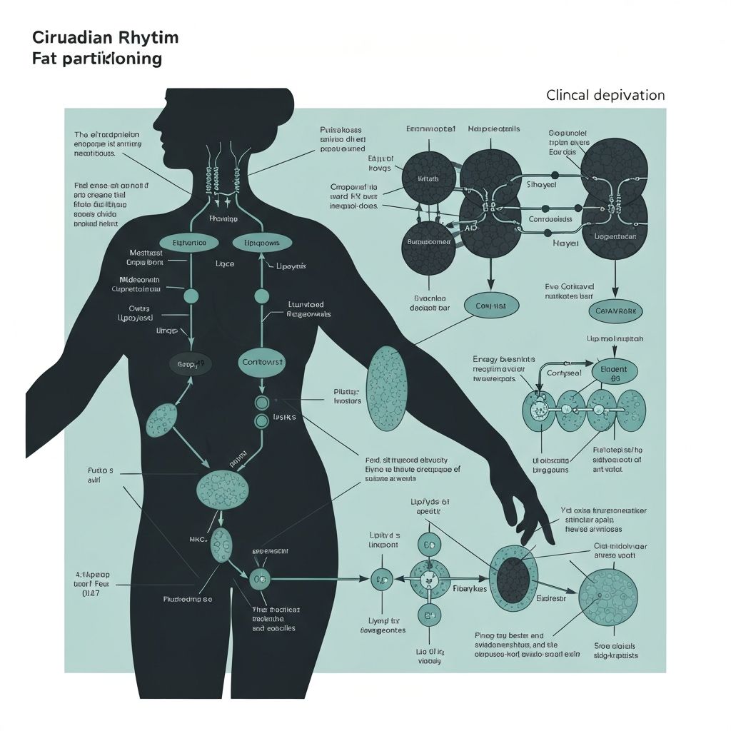 Scientific illustration of circadian rhythm effects on metabolic processes and fat distribution